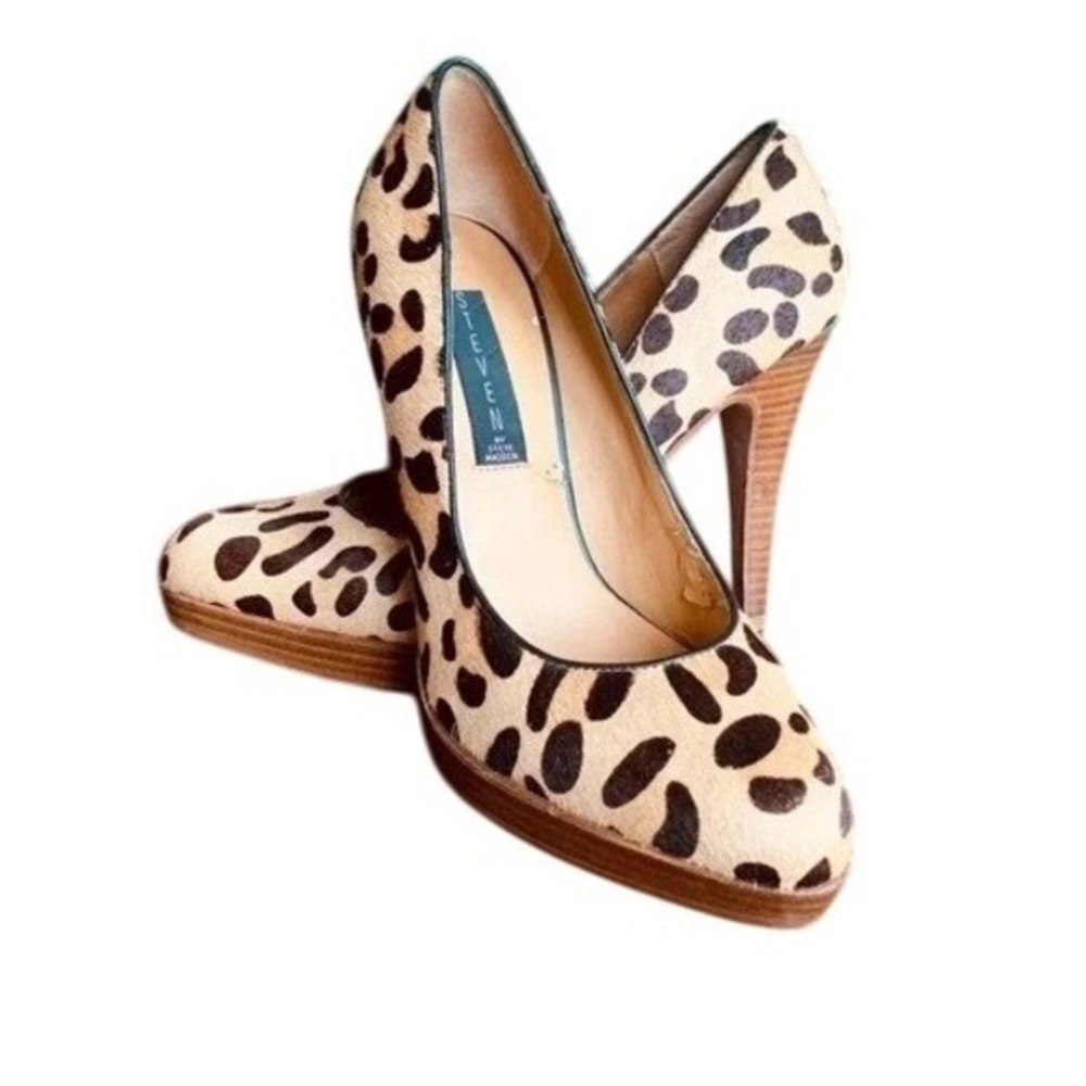 STEVEN by Steve Madden LeMore Leopard Print Calf Hair Heels Wood Platform Size 8